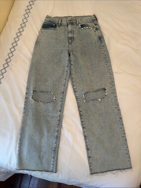 Le Jean Pearl Trim Distressed Mia Relaxed Straight Size 26